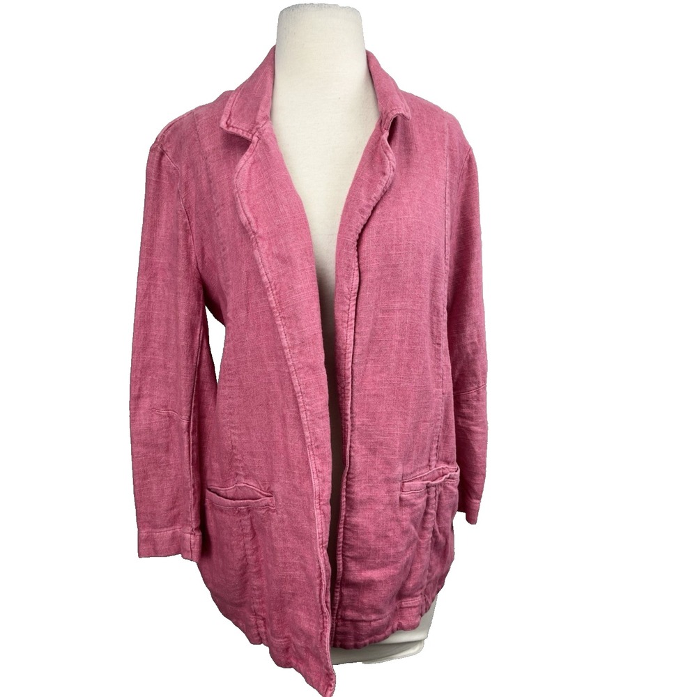 Anthropologie Tulip Hem Linen Blazer sz 10 Raspberry Pink Open Front Lagenlook